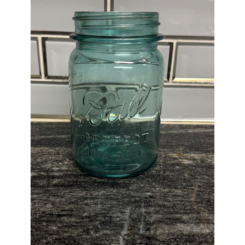Vintage Ball Perfect Mason Jar Aqua Blue Glass Farmhouse Collectible Mold # 1